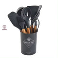 Kit C/12 Utensílios De Cozinha Silicone Cabo Madeira
