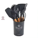 Kit C/12 Utensílios De Cozinha Silicone Cabo Madeira