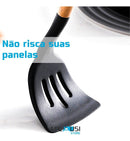 Kit C/12 Utensílios De Cozinha Silicone Cabo Madeira