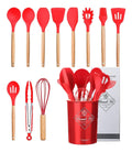 Kit C/12 Utensílios De Cozinha Silicone Cabo Madeira