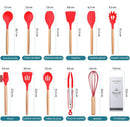 Kit C/12 Utensílios De Cozinha Silicone Cabo Madeira