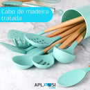 Kit C/12 Utensílios De Cozinha Silicone Cabo Madeira