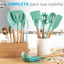 Kit C/12 Utensílios De Cozinha Silicone Cabo Madeira